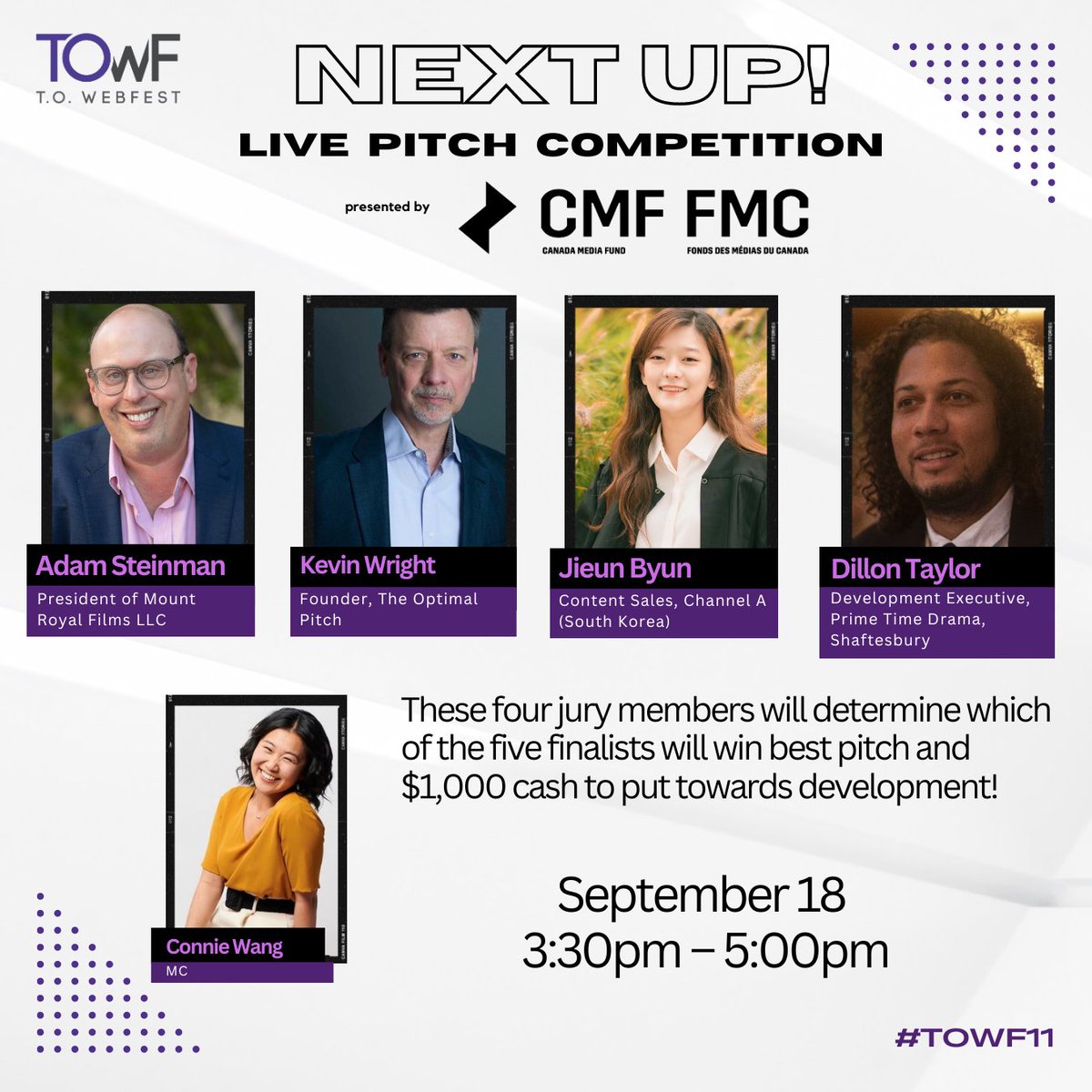 TOWebFest's tweet image. Ending off the conference with the inaugural Next Up! Pitch Competition 🤩

Get your All-Access Pass, or Single tickets to come watch the competition: 3common.com/towf11

#webfest #towebfest #Toronto #webseries #shortform #conference #towf11 #pitchcompetition #competition