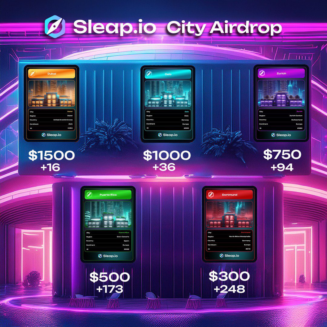Receive a Sleap.io City NFT Airdrop! 🏙️

For every hotel booking on Sleap.io with a minimum spend of $300, you will receive a Sleap.io City NFT Airdrop to your connected EVM wallet on our platform. 🎁 

These NFTs are more than just
