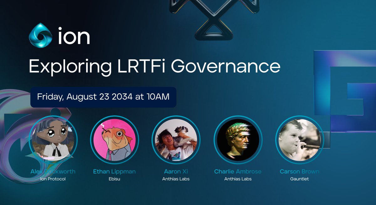 Ion Protocol (@ionprotocol) on Twitter photo Get ready for an exciting conversation on the state of LRTFi governance!
Learn how the leaders in this space are approaching the most intriguing problems for LRTs like AVS selection.
Featuring:
- @LippmanEthan
- <a href="/CarsonMBrown/">Carson Brown</a>
- <a href="/arnx813_/">Aaron Xie</a>
- <a href="/0xBroze/">Charlie.hl</a> Get ready for an exciting conversation on the state of LRTFi governance!
Learn how the leaders in this space are approaching the most intriguing problems for LRTs like AVS selection.
Featuring:
- @LippmanEthan
- <a href="/CarsonMBrown/">Carson Brown</a>
- <a href="/arnx813_/">Aaron Xie</a>
- <a href="/0xBroze/">Charlie.hl</a>