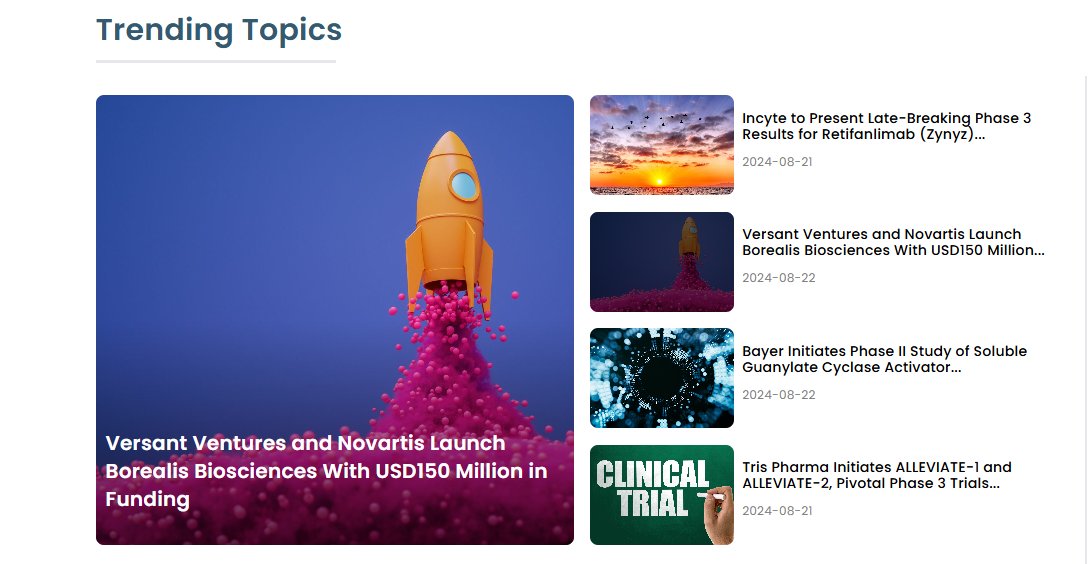 Trending Topics 
catailyst.ai/home

<a href="/Incyte/">Incyte</a>  Data $INCY
<a href="/VersantVentures/">Versant Ventures</a> /<a href="/Novartis/">Novartis</a>  launch Borealis
<a href="/BayerPharma/">Bayer | Pharmaceuticals</a>  Initiate Phase2 for CKD
Tris Pharma initiates Pivotal Phase3 for Pain
