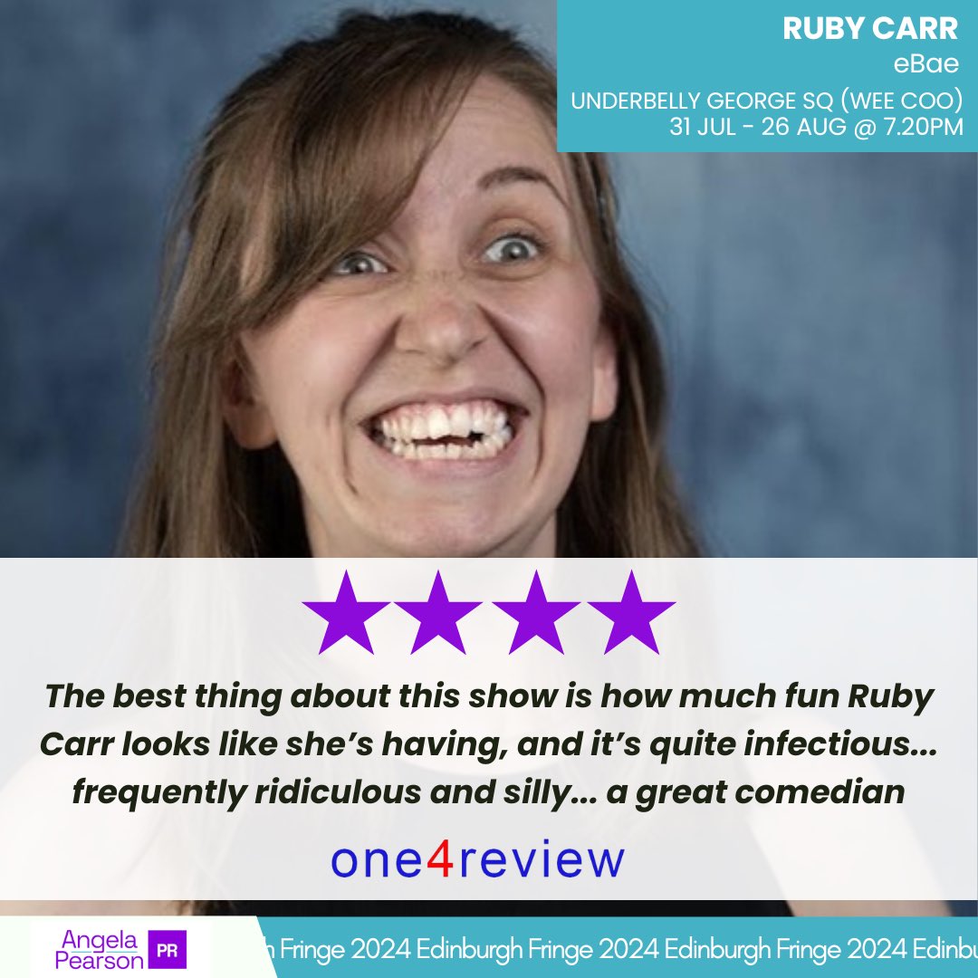 Angela Pearson (@pearson_ange) on Twitter photo 🌟🌟🌟🌟 for <a href="/RubyICarr/">Ruby Carr</a> from <a href="/one4review/">one4review</a> 🎉💫
🔗 Read the Full Review here: one4review.co.uk/2024/08/ruby-c…
✨Catch Ruby’s show at:
📍 @underbellyedinburgh George Sq (Wee Coo)
⏱️ 7.20pm
🎟️ Get your tickets <a href="/edfringe/">Edinburgh Festival Fringe</a>
#unleashyourfringe #edfringe #Edinburgh #edfringe2024 🌟🌟🌟🌟 for <a href="/RubyICarr/">Ruby Carr</a> from <a href="/one4review/">one4review</a> 🎉💫
🔗 Read the Full Review here: one4review.co.uk/2024/08/ruby-c…
✨Catch Ruby’s show at:
📍 @underbellyedinburgh George Sq (Wee Coo)
⏱️ 7.20pm
🎟️ Get your tickets <a href="/edfringe/">Edinburgh Festival Fringe</a>
#unleashyourfringe #edfringe #Edinburgh #edfringe2024
