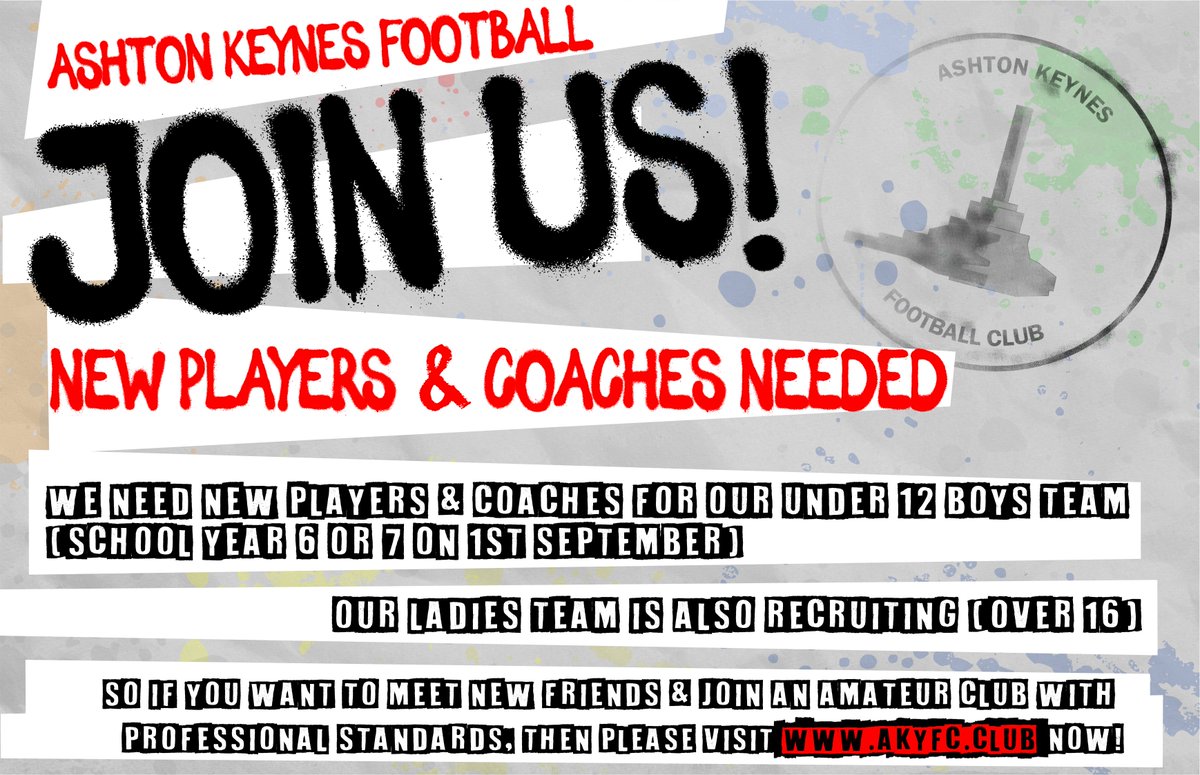 Ashton Keynes Youth Football Club (@akyouthfc) on Twitter photo We're on the lookout for new players & coaches for our wonderful under 12 Boys team. We're also seeking new additions to our ladies team. If you fancy getting involved, then get in touch today! akyfc.club We're on the lookout for new players & coaches for our wonderful under 12 Boys team. We're also seeking new additions to our ladies team. If you fancy getting involved, then get in touch today! akyfc.club