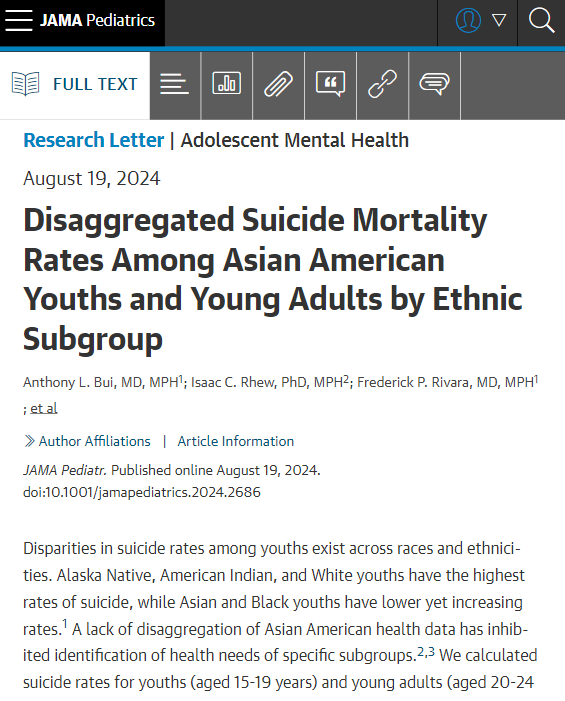 JAMAPediatrics's tweet photo. Disparities in suicide mortality in youth and young adults exist among Asian American subgroups. Read the study from @bui_anthony @tumainic @uwpediatrics @seattlechildren @uwepidemiology https://t.co/VOq5v1l57u #DisaggregateData https://t.co/qICmNG7t5b