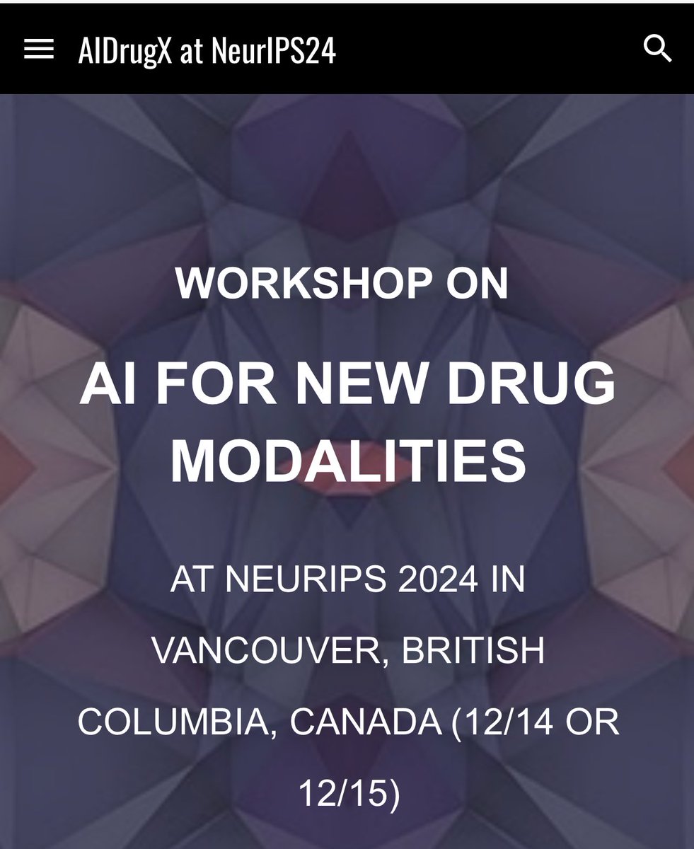 Mo Lotfollahi (@mo_lotfollahi) on Twitter photo I am co-hosting a workshop on "AI for New Drug Modalities" at NeurIPS 24 together with <a href="/MengdiWang10/">Mengdi Wang</a> ,Masatoshi Uehara <a href="/suinleelab/">Su-In Lee</a> <a href="/mariabrbic/">Maria Brbic</a> Nicola Richmond @ehsanhra , Aviv Regev. We are currently accepting paper submissions on a broad spectrum of AI-related topics in drug I am co-hosting a workshop on "AI for New Drug Modalities" at NeurIPS 24 together with <a href="/MengdiWang10/">Mengdi Wang</a> ,Masatoshi Uehara <a href="/suinleelab/">Su-In Lee</a> <a href="/mariabrbic/">Maria Brbic</a> Nicola Richmond @ehsanhra , Aviv Regev. We are currently accepting paper submissions on a broad spectrum of AI-related topics in drug