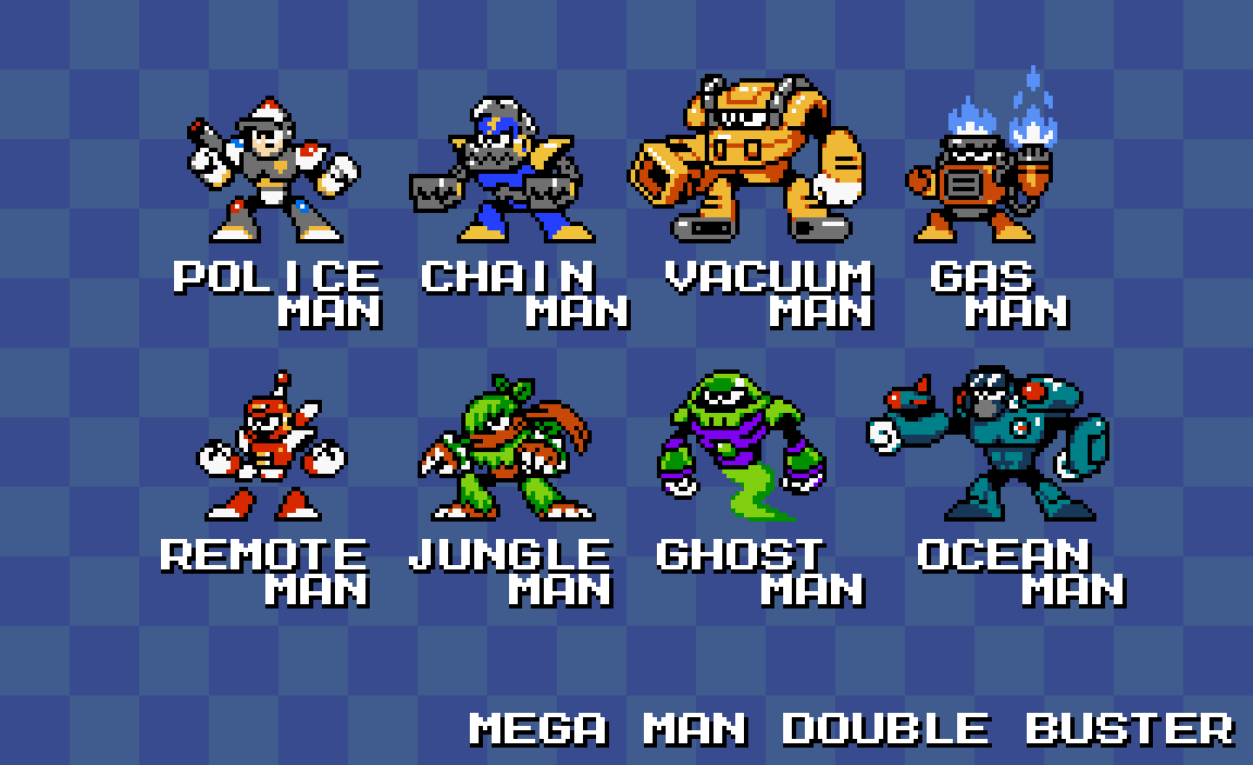 MMDoubleBuster's tweet photo. I don't think I posted the full roster of Robot Masters from Double Buster here on Twitter yet, so here is the most recent version of them.

#MegaManDoubleBuster #MegaMan #RockMan #FanGame #ロックマン #indiedev #PixelArt https://t.co/dGYCnaCz1o