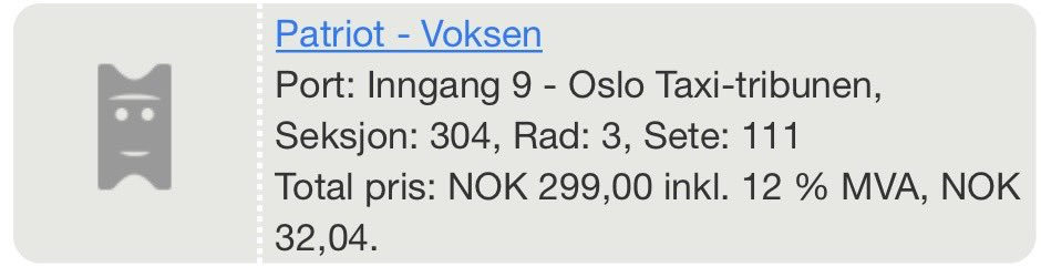 Selger 3 billetter samlet til <a href="/ValerengaOslo/">Vålerenga Fotball Elite</a>-<a href="/Lyn1896FK/">Lyn 1896 FK</a> lørdag da vi ikke kan allikevel... Selges til normalpris 299,- per. Nedre del på Oslo Taxi ca midt på langsiden. Sete 111-113🥃