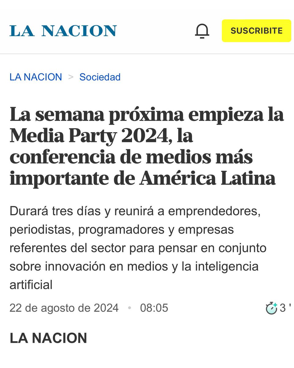 Media Party🎉 (@mediapartyorg) on Twitter photo La semana próxima empieza #MediaParty 🎉 Buenos Aires 2024, la conferencia de medios más importante de América Latina.
📰 Leé la nota de <a href="/LANACION/">LA NACION</a> 👇
lanacion.com.ar/sociedad/la-se…
<a href="/MartinPascuaDev/">Martin Pascua</a>, de <a href="/LNdata/">LA NACION Data</a>, presente en esta edición 🤝
Registrate GRATIS 👉 mediaparty.org La semana próxima empieza #MediaParty 🎉 Buenos Aires 2024, la conferencia de medios más importante de América Latina.
📰 Leé la nota de <a href="/LANACION/">LA NACION</a> 👇
lanacion.com.ar/sociedad/la-se…
<a href="/MartinPascuaDev/">Martin Pascua</a>, de <a href="/LNdata/">LA NACION Data</a>, presente en esta edición 🤝
Registrate GRATIS 👉 mediaparty.org