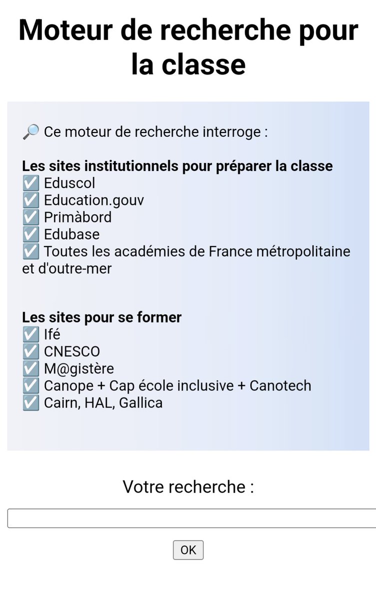 📍moteur de #recherche qui interroge <a href="/Eduscol/">éduscol</a>, <a href="/reseau_canope/">Réseau Canopé</a> , <a href="/educIFE/">IFÉ</a>, le @Cnesco , <a href="/eduscol_prim/">éduscol Primàbord</a>, Edubase et toutes les académies de France afin de trouver des #ressources institutionnelles, c’est ici 🙌

🛠 Outil de  <a href="/Cedric_Eyssette/">Cédric Eyssette</a>

cse.forge.apps.education.fr/#https://codim…