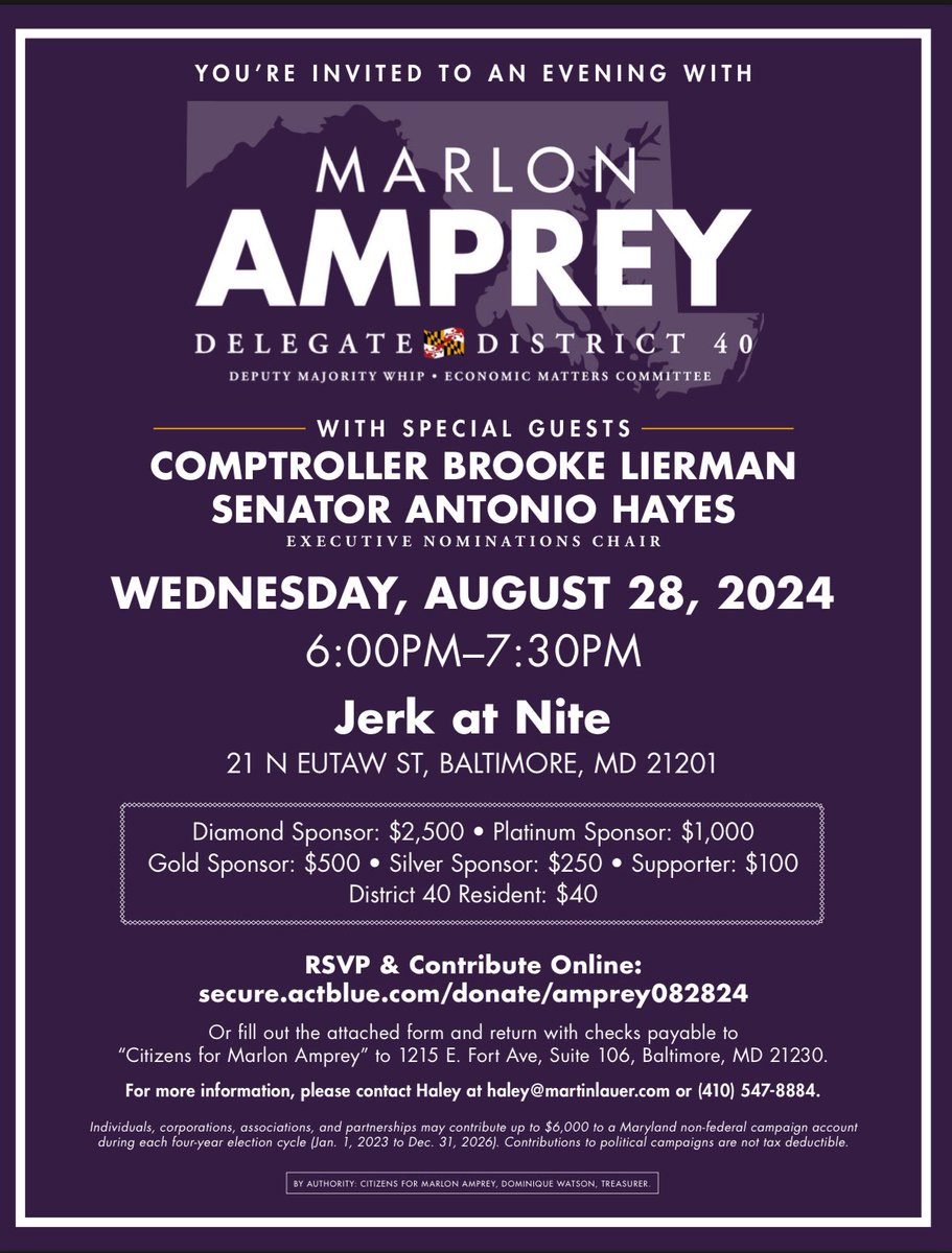 We are less than a week away from my annual fundraiser!

I will be joined by our Comptroller <a href="/BrookeELierman/">Brooke Lierman</a> and my partner in the Senate Chairman <a href="/AntonioHayes40/">Senator Antonio Hayes</a>. 

Join us next Wednesday at <a href="/JerkAtNite/">JerkAtNite Inc.</a>. 
secure.actblue.com/donate/amprey0…