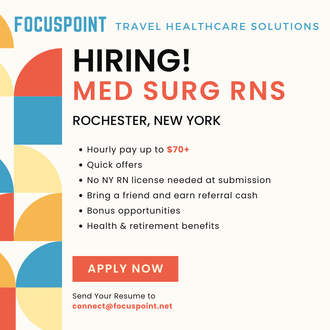 focuspoint_net's tweet photo. We’re hiring Med Surg RNs in Rochester, NY 🌟 Bring a friend and earn extra cash with our referral program. Enjoy up to $70+/hr, fast offers, bonus opportunities, and comprehensive benefits. Apply now! 

#NursingJobs #MedSurg #RochesterNY #ReferralBonus https://t.co/kMeehEsdZV