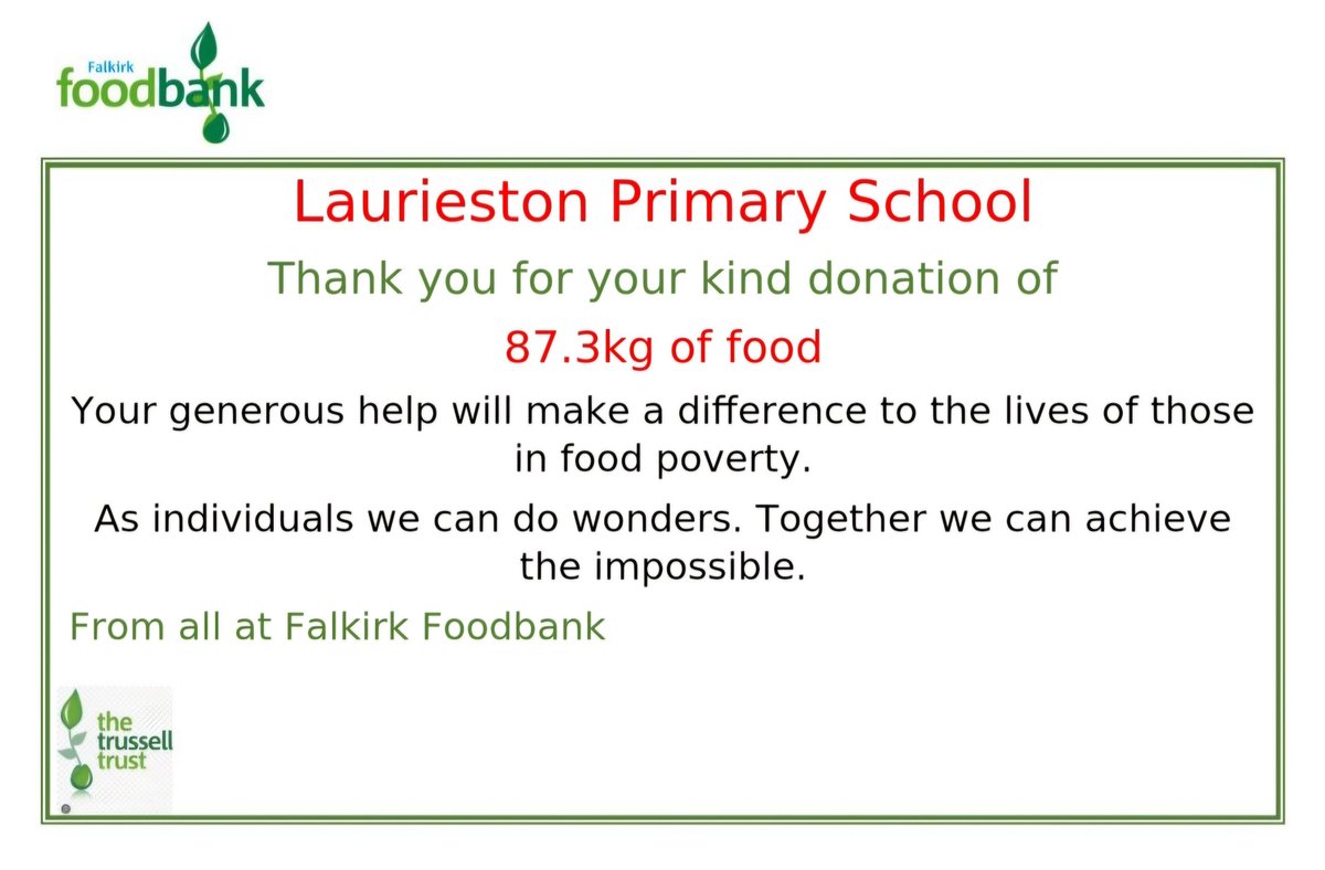 A huge,huge thank you to everyone who donated to our food bank last term. We received this certificate after the summer holidays which shows just how much our community cares for others!! <a href="/FalkirkFoodBank/">FalkirkFoodBank</a> @TrussellTrust