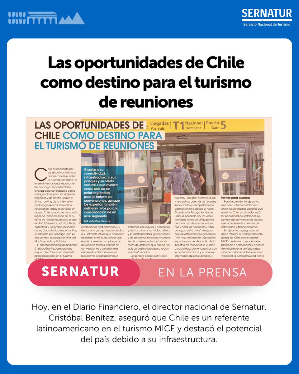 📰 Hoy, en el <a href="/DFinanciero/">Diario Financiero</a>, el director nacional de Sernatur, <a href="/cristobalbnitez/">Cristóbal Benítez Villafranca</a>, aseguró que Chile es un referente latinoamericano en el #TurismoMICE y destacó el potencial del país debido a su infraestructura 💼
🔗 Lee la nota completa en df.cl/noticias/site/….