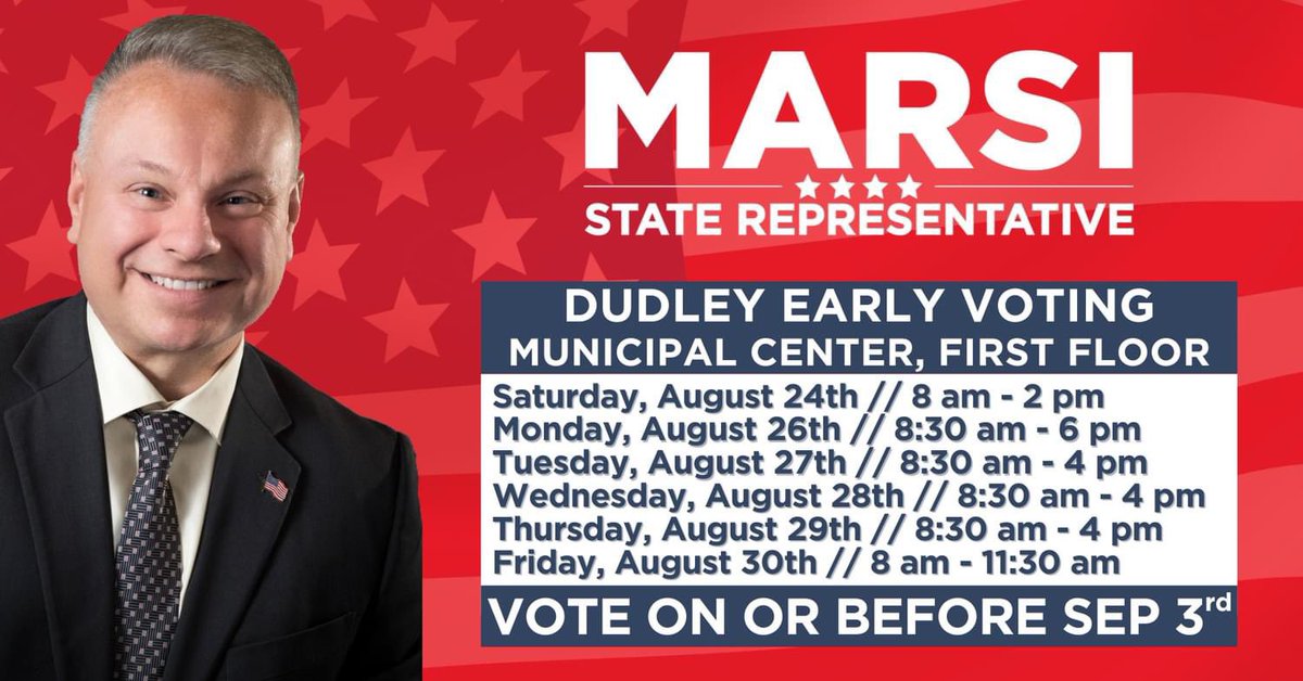 RepMarsi's tweet photo. 6th WORCESTER DISTRICT:

If you're unable to vote on September 3rd, early voting for the State Primary is available starting Saturday, August 24th through Friday, August 30th.

While I am running uncontested in the primary, I hope to earn your vote now and again in November. https://t.co/qepO43RU18