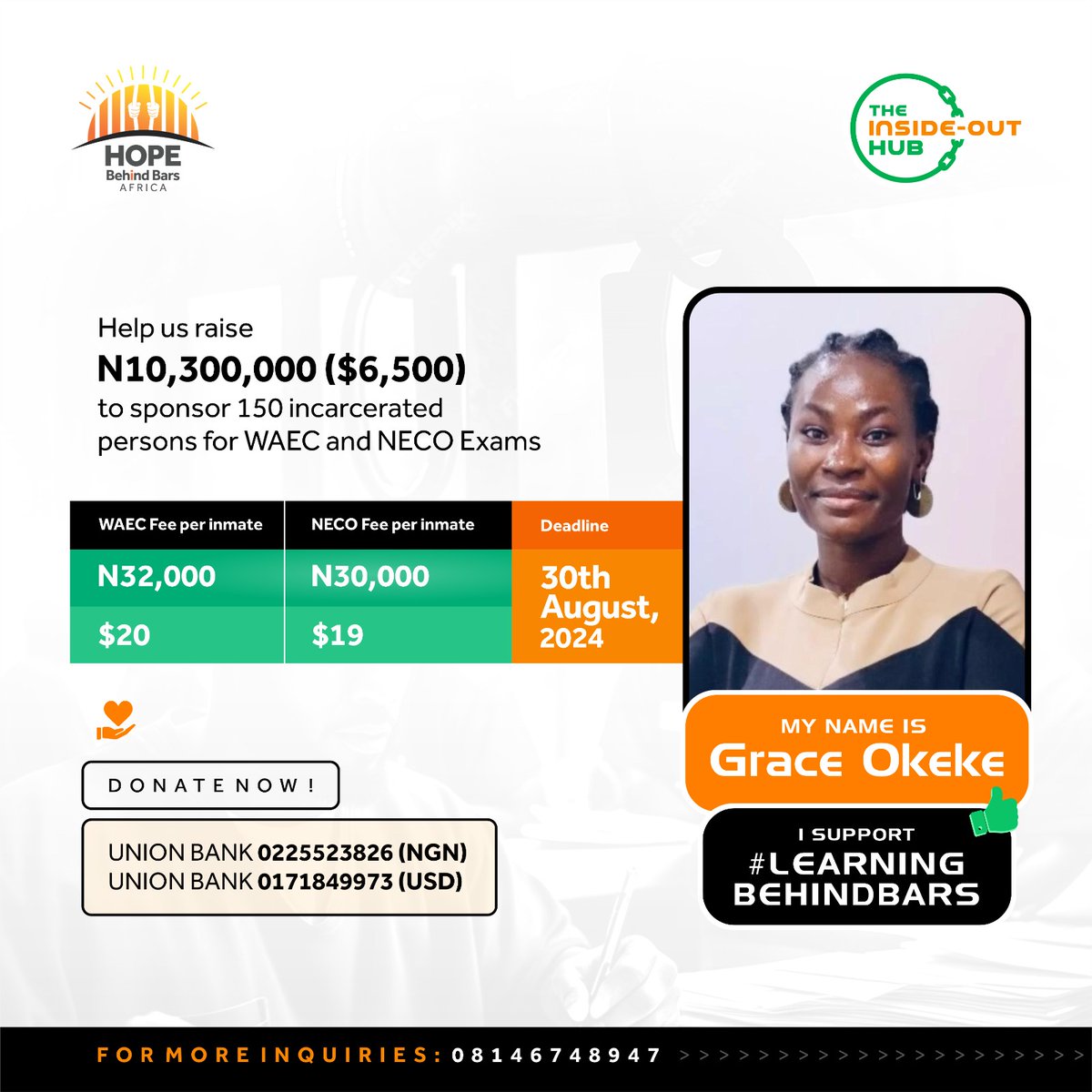 hopebehindbar's tweet photo. Every person has the capacity to change, given the right support and opportunities. People behind bars want to learn, they want to become productive in society and they need your help to do it!
Join the Support train for the #LearningBehindBars Campaign! Together, we will sponsor 150 incarcerated persons to register for the WAEC and NECO Exams. We will give them the tools to fend for themselves. Support by contributing through any of our Account Numbers below:
Union Bank (Naira): 0225523826
Union Bank (USD): 0171849973 (Swift - UBNINGLA)
No amount is too little. Your donation will make a significant difference.
#LearningBehindBars
#HopeBehindBars
#SupportanInmate