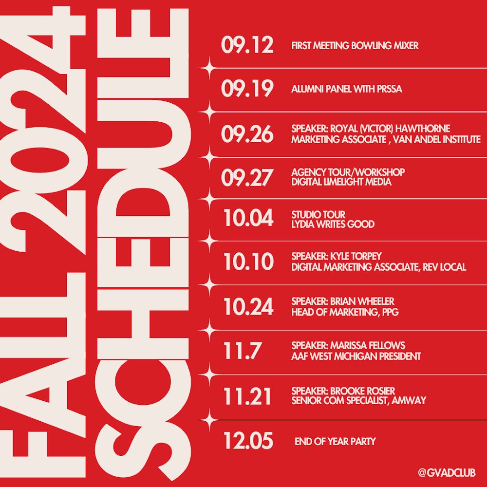 The 2024-2025 school year is finally here… and we are PUMPED! 

We have a packed schedule for you guys this semester filled with professional speakers, agency tours, workshops, and more. 

Our bi-weekly meetings will be held in KIRKHOF 2266 at 6pm. Stay tuned for more details.