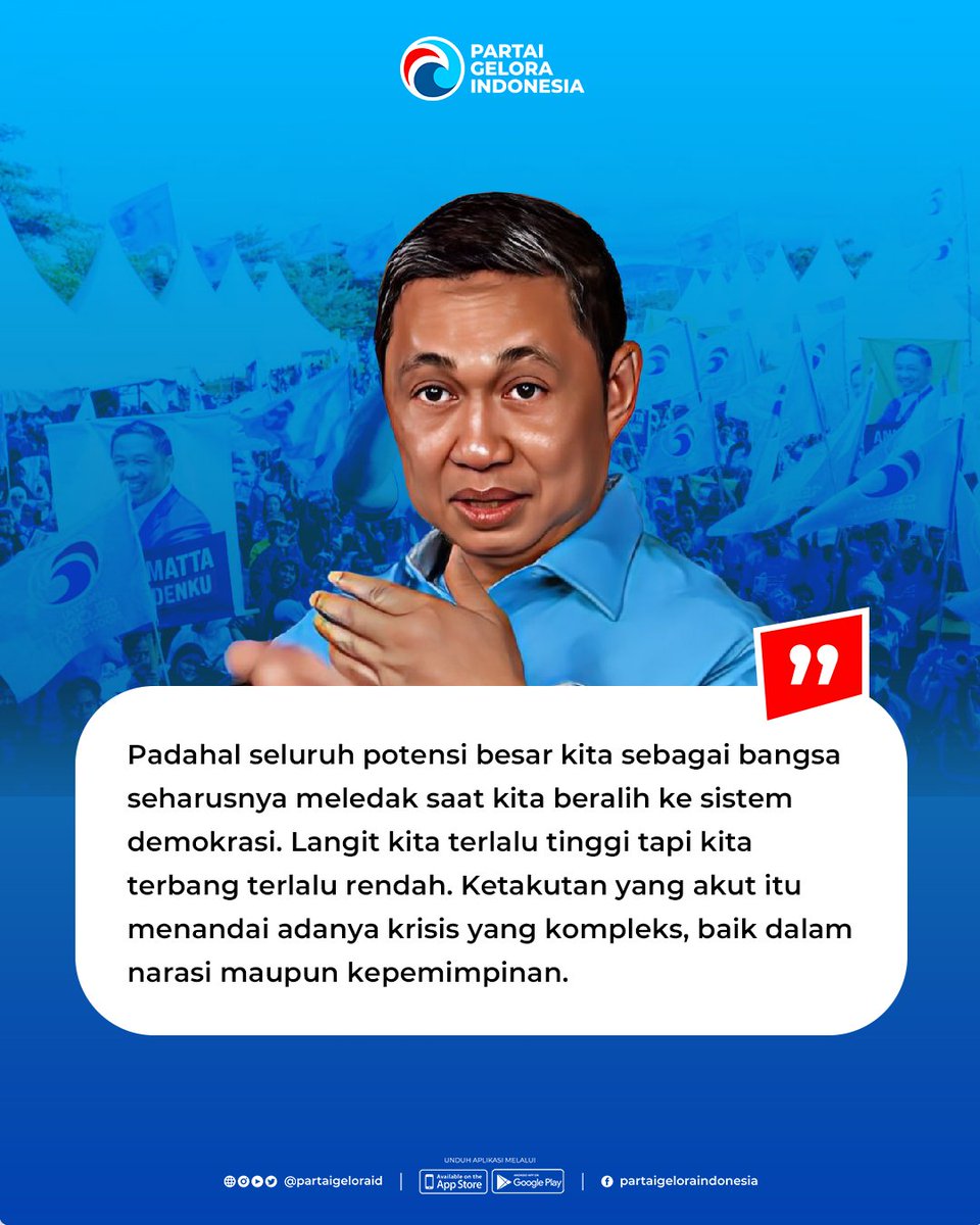 partaigeloraid's tweet photo. Partai Gelora berdiri menuntaskan cita-cita Indonesia Superpower Baru Dunia.

Jauh di dasar sanubari kita sebagai bangsa besar ada ketakutan yg akut bahwa sekarang, setelah dua dekade menikmati demokrasi, kita sedang berjalan tanpa peta jalan yang jelas

@anismatta @Fahrihamzah https://t.co/Z2oLKL16iB