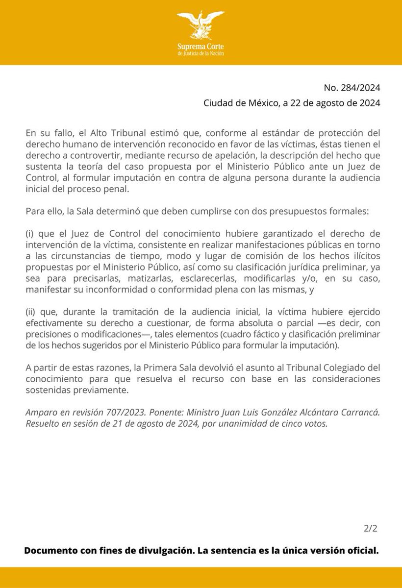 La #PrimeraSalaSCJN determinó que las víctimas tienen derecho a impugnar la teoría del caso propuesta por el ministerio público para formular imputación en contra de una persona durante la audiencia inicial de un proceso penal. 
bit.ly/3YP7efo