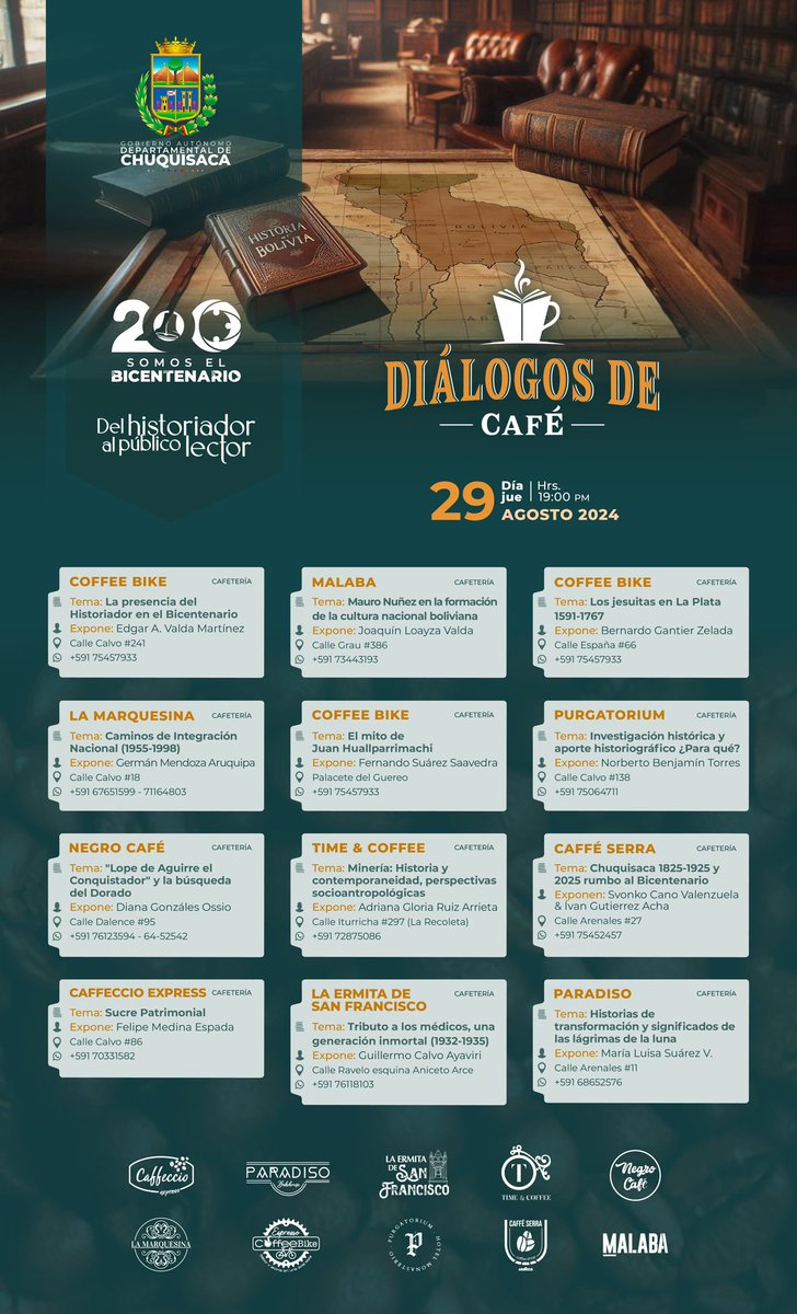 CarmenAlmendras's tweet photo. Comparto con ustedes el detalle de historiadores, título de sus ponencias y las cafeterías en las cuales dialogarán.

Promete mucho la Tercera Versión de Diálogos de Café del Bicentenario.  

Por favor, anoten en su agenda: jueves 29 de agosto, a horas 19:00. https://t.co/Kx4syFIeyz