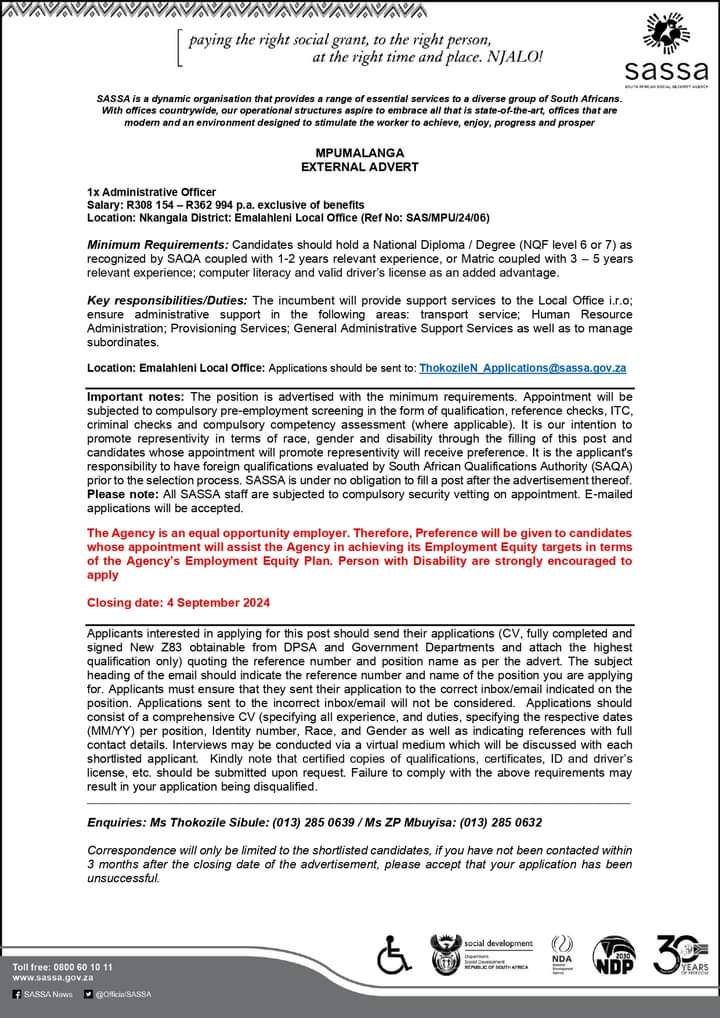 CarolBoitumelo1's tweet photo. SASSA is hiring a Administrative Officer in Mpumalanga

Closing date: 04 September 2024
Email your CV and Z83 form to ThokozileN.Applications@sassa.gov.za

Refer to picture https://t.co/fxVUk4jfi4