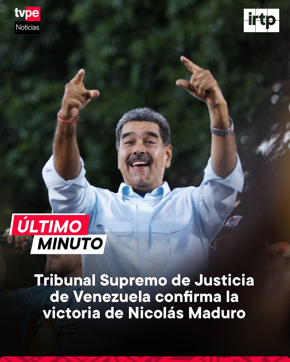noticias_tvperu's tweet photo. #LoÚltimo 🚨 | El Tribunal Supremo de Justicia de Venezuela certificó este jueves la reelección del presidente Nicolás Maduro para un tercer mandato de seis años, tras denuncias de fraude por parte de la oposición.

#NicolásMaduro #Venezuela #TSJ https://t.co/QgPiREWvbF