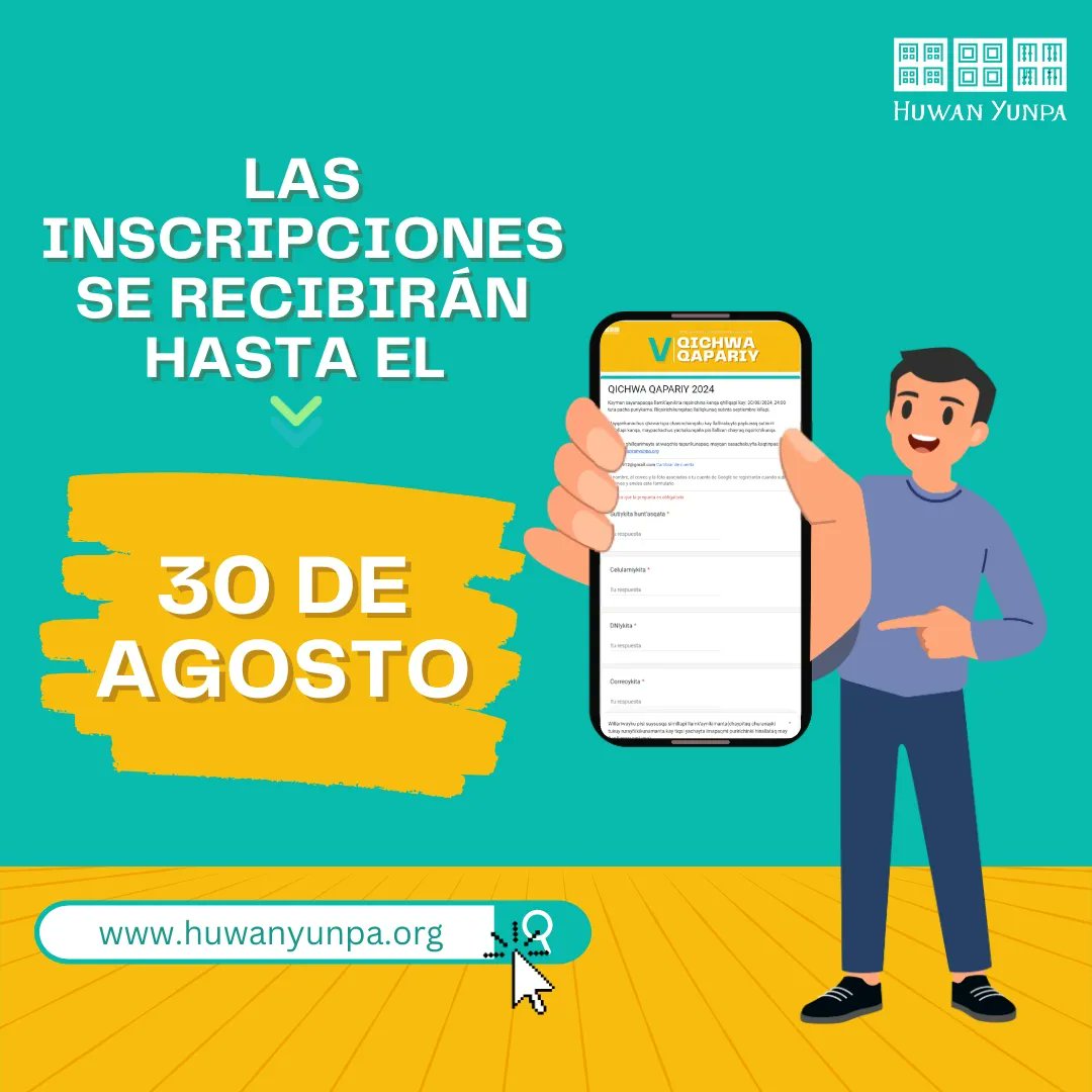 🚨¡𝐑𝐞𝐜𝐨𝐫𝐝𝐚𝐭𝐨𝐫𝐢𝐨!🚨
 𝗩 𝗤𝗶𝗰𝗵𝘄𝗮 𝗤𝗮𝗽𝗮𝗿𝗶𝘆 𝟮𝟬𝟮𝟰 
P
📣 ¡Ahora puedes ser el ganador del concurso Qichwa Qapariy de este año y llevarte de premio 500 dólares! 💵💵
👉 𝐋𝐞𝐞𝐫 𝐥𝐚𝐬 𝐛𝐚𝐬𝐞𝐬 𝐚𝐪𝐮í: huwanyunpa.org/qichwaqapariy2…