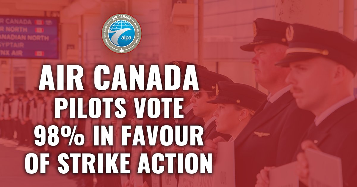 Air Canada ALPA Pilots (@aircanadapilots) on Twitter photo Air Canada pilots vote overwhelmingly in favour of a strike, with a 98% yes vote. #AirCanadaPilots #StrikeReady <a href="/AirCanada/">Air Canada</a>
Les pilotes d'Air Canada ont voté massivement en faveur d'une grève, avec 98 % de oui.
alpa.org/news-and-event… Air Canada pilots vote overwhelmingly in favour of a strike, with a 98% yes vote. #AirCanadaPilots #StrikeReady <a href="/AirCanada/">Air Canada</a>
Les pilotes d'Air Canada ont voté massivement en faveur d'une grève, avec 98 % de oui.
alpa.org/news-and-event…