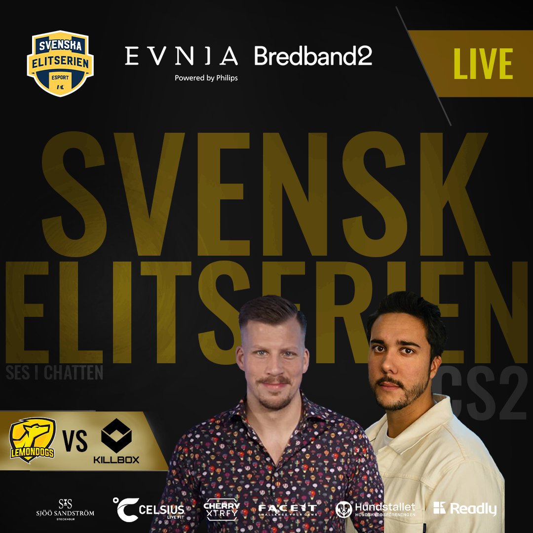 Matchen mellan <a href="/Lemondogs/">Lemondogs</a> och <a href="/KILLBOX_pro/">KILLBOX</a> börjar strax! 💥 

📺 twitch.tv/ElitserienCS2
🎙️ <a href="/JAEGARNS/">Fredrik "JAEGARN" Kempf🇺🇦❤️</a> &amp; <a href="/w0haa1/">Felix ”w0haa” Hallström</a>