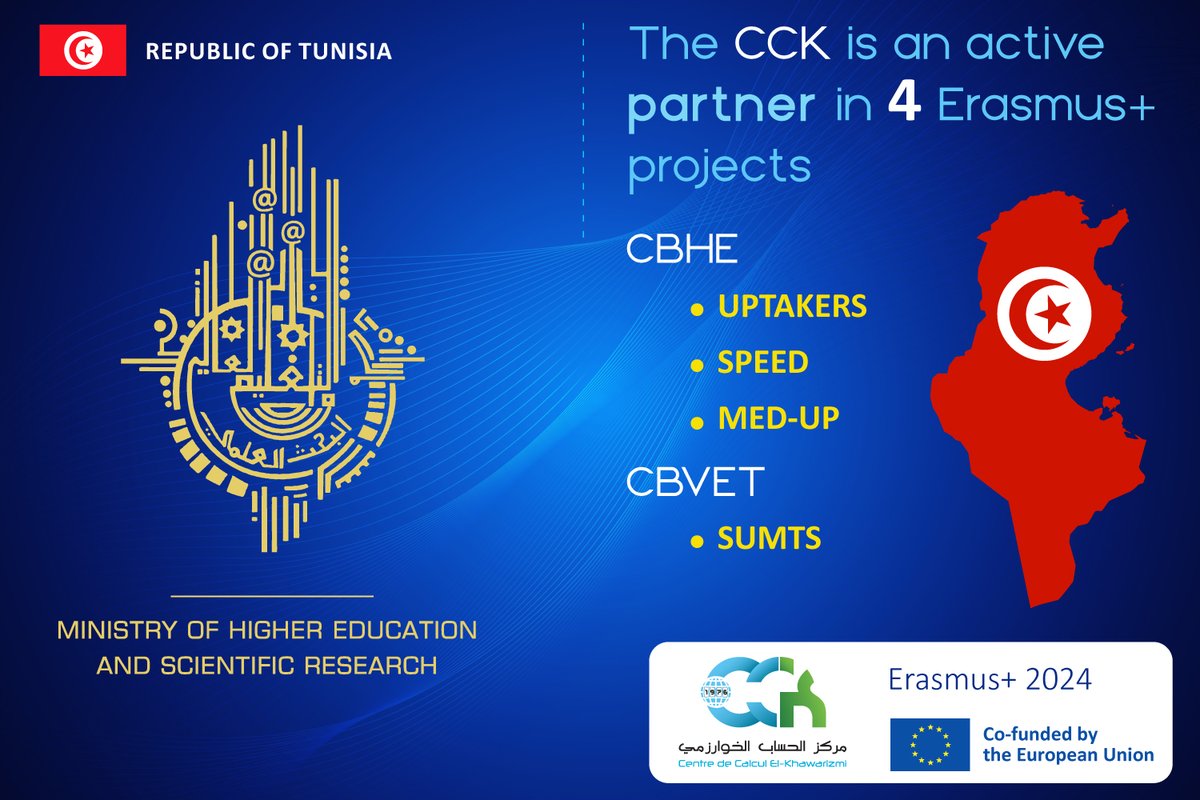 ✅ Tunisia 🇹🇳 is a potential partner in 💪12💪 Erasmus+ Capacity Building projects.

📌 Al-Khawarizmi Computing Centre (hashtag#CCK) is an active partner in 💪4💪 Erasmus+ 🇪🇺 Projects :

 🔹3 projects CBHE 
 🔹1 project CBVET