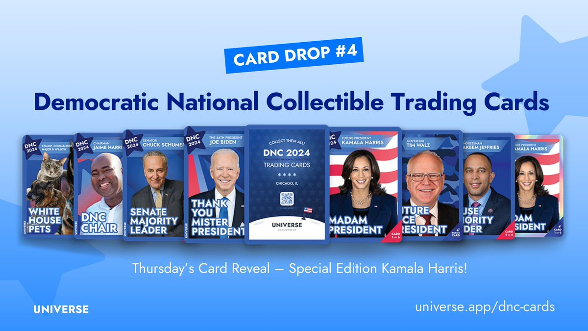 The Final Reveal Is… a special edition, bonus Kamala Harris card! These colorful Kamala cards are in low supply, so keep an eye out for them as you spend your last day at the #DemConvention Looking to get your hands on one? Sign up for updates at universe.app/dnc-cards