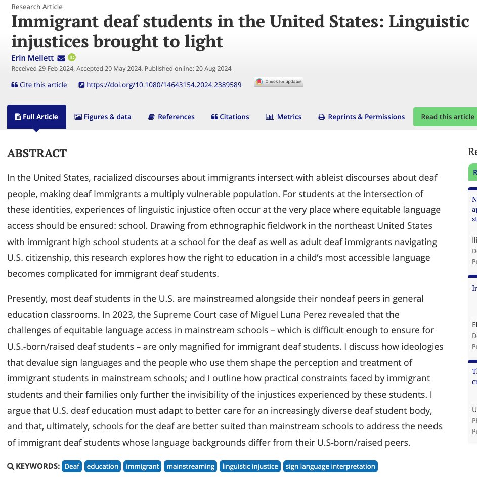 KristinSnoddon's tweet photo. Next in the all-star lineup for the 2025 special issue of @DeafEducInt  on Professional Responsibility and Relationality in Deaf Education. Immigrant deaf students in the United States: Linguistic injustices brought to light by @EMellett https://t.co/IHsr0nWzKZ https://t.co/5iLWq3uBIJ
