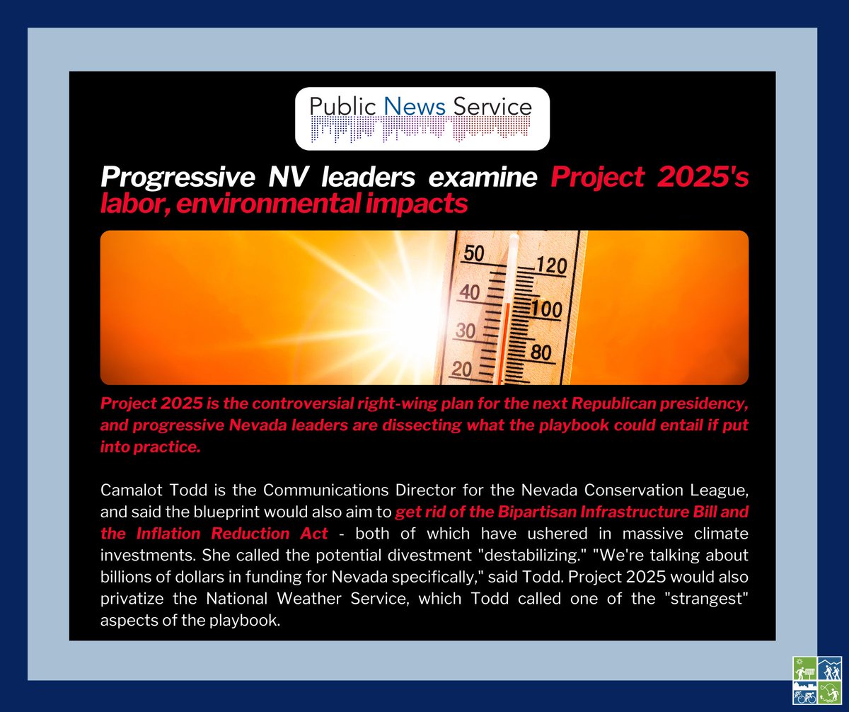 NVconservation's tweet image. 📢 Project 2025 threatens to undo vital #ClimateProgress from the Biden-Harris Clean Energy Plan. 

NCL&apos;s Communications Director, @CamalotTodd, calls this potential divestment &quot;destabilizing&quot; as we face record heat, water crises, and air quality concerns.