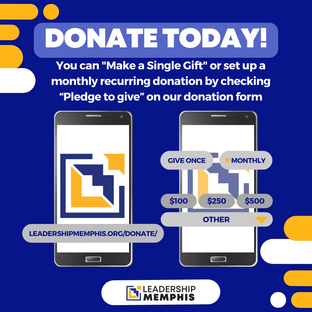 LeadershipMphs's tweet photo. Make a Single or a Monthly Gift! Every dollar helps us develop community leaders in the Mid-South!
.
#LeadershipMemphis #VolunteerMemphis #ExecutiveProgram #FastTrackProgram #Memphis #Memphis901 #leaders #volunteer #choose901 #donate https://t.co/5Lc6gYNMci