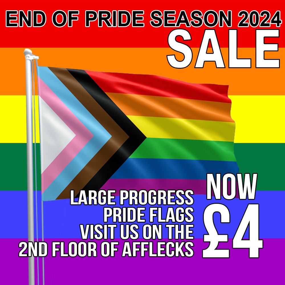 Our large Premium Progress Pride flags are now just £4 each. Fly the flag for Manchester Pride weekend. Link and directions in bio. 

#gay
#gaypride
#gaymanchester
#afflecks
#manchesterpride
#manchesterpride2024
#pride
#gay
#gayshop
#gayshopping
#loveislove