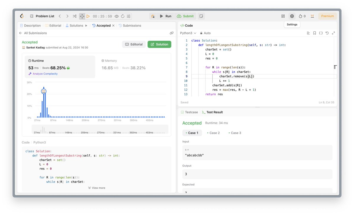 SanketKadlag1's tweet image. 🚀 Day 31 of #100DaysOfCode 🚀
3. Longest Substring Without Repeating Characters
• Concept: Sliding Window
• Approach: Used a set and sliding window to find the longest substring without repeating characters.
• Time Complexity: O(N)
#DSA #NeetCode150 #100DaysChallenge