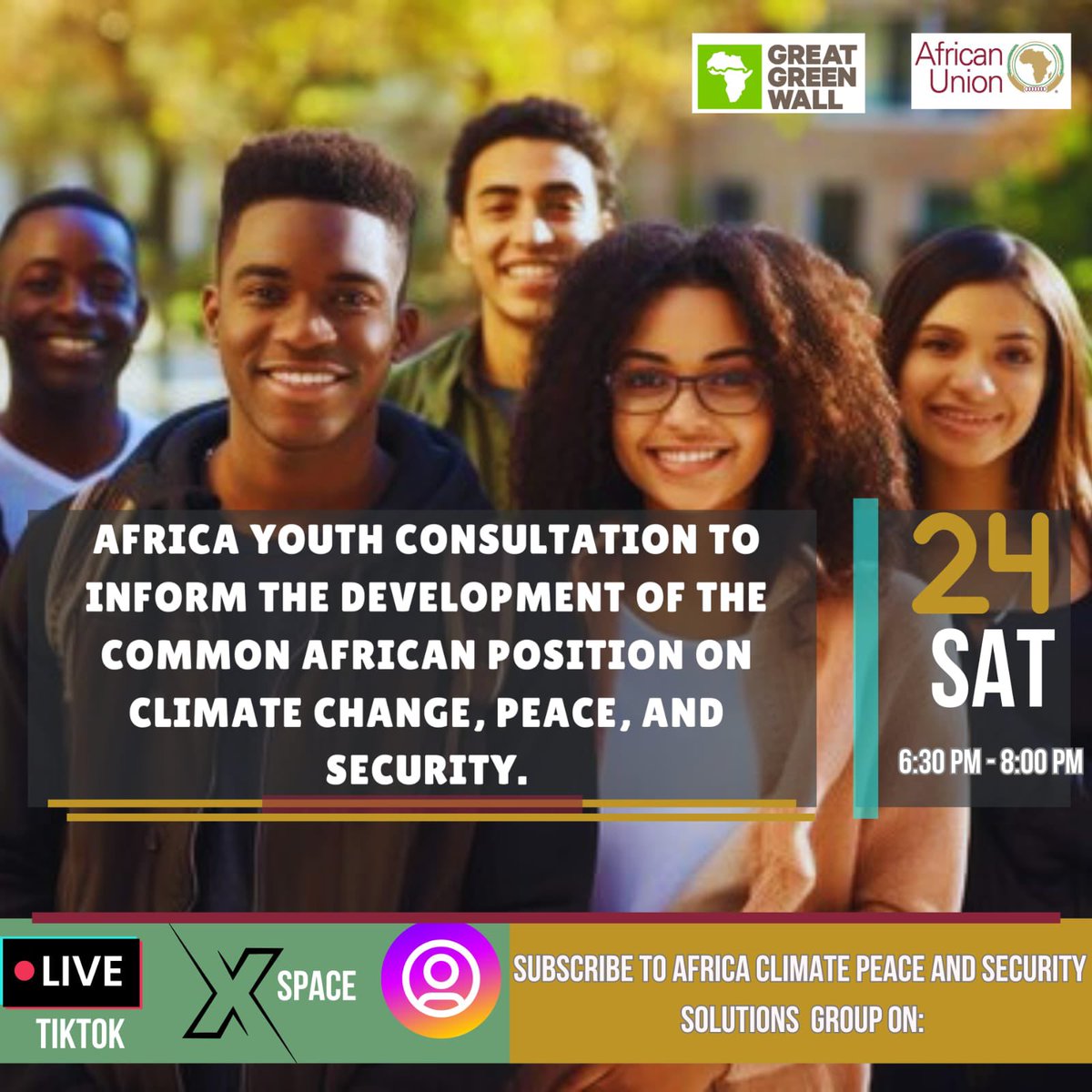 🌍 Join the Conversation! 🌍

African youth, this is your moment! Be a part of shaping the Common African Position on Climate Change, Peace, and Security by the African Union. 🌱♻️

🔵 LIVE on X Space.

x.com/visionarywomen…

🗓 Date: 24th, August / Saturday 
🕒 Time: 6:30 p.m