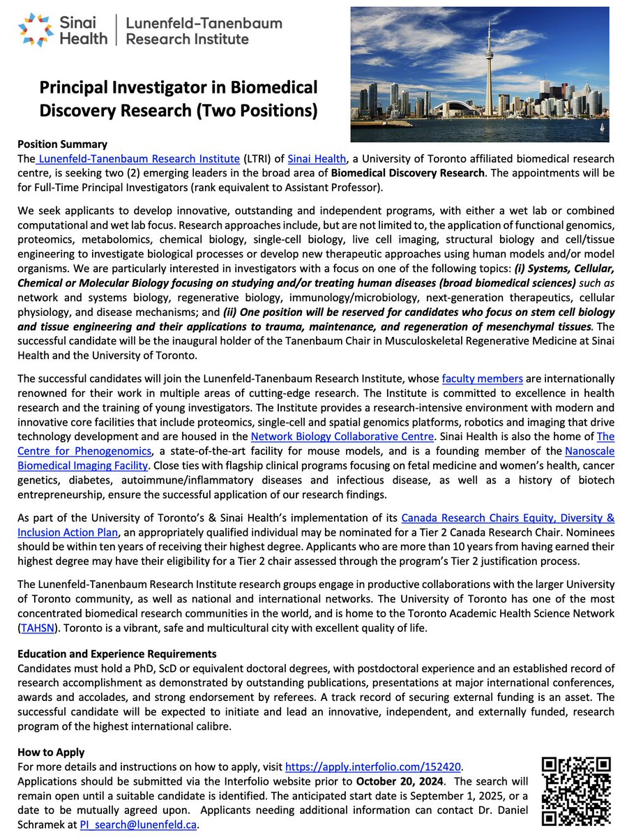 We have two open positions at the LTRI in the broad area of Biomedical Discovery Research. Appointments will be for Principal Investigators (i.e. Assistant Professor). Come join our vibrant research community! Please RT and if interested apply here: apply.interfolio.com/152420