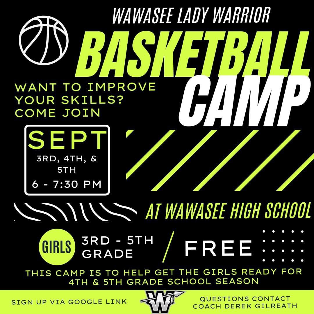 WawaseeGBB's tweet photo. 📣Calling all 3rd, 4th, &amp; 5th grade girls!  We have a great opportunity for you to sharpen up your skills for basketball.  Come to our Skills Camp September 3rd - 5th at WHS. Not only will you get to improve your skills but it is also FREE! #allinallout #wearewawasee https://t.co/iE3ds4Fb4u