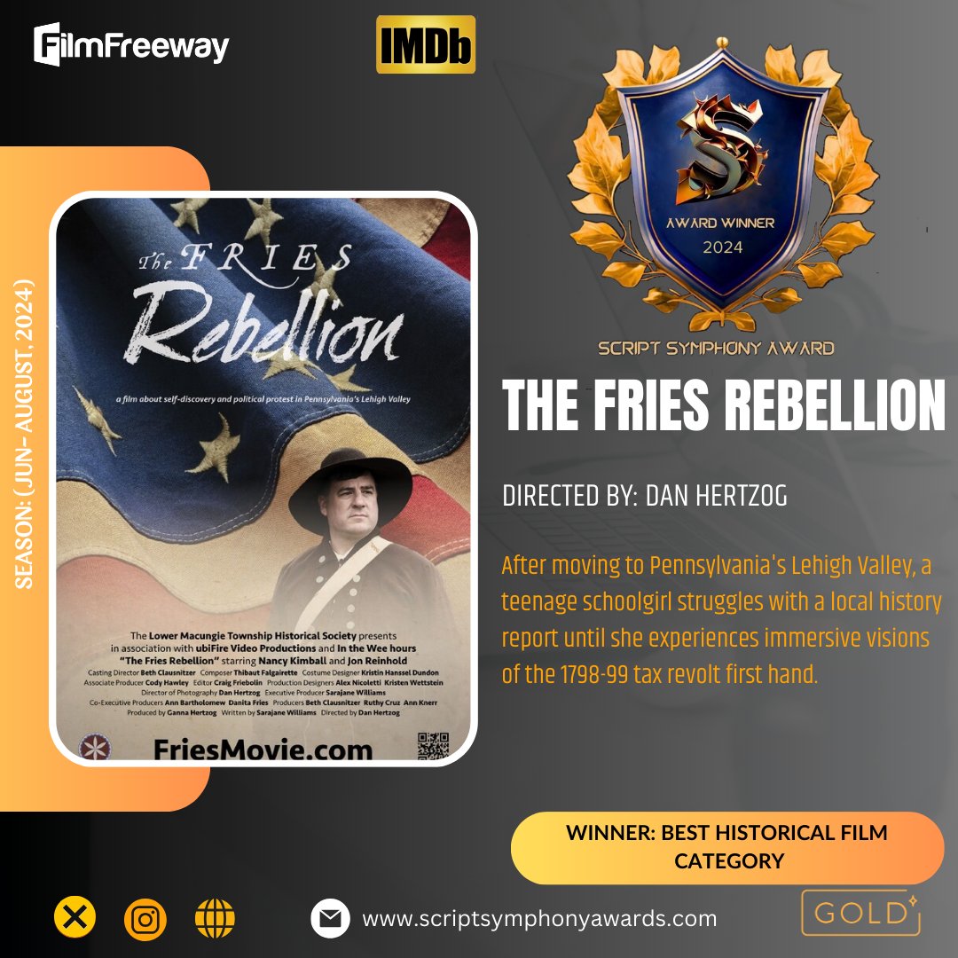 ScriptSaward's tweet photo. Congratulations to the director Dan Hertzog and all the cast &amp; crew team for their remarkable achievement! We express our sincere gratitude for their participation in our film festival. We eagerly anticipate their future accomplishments.
#TheFriesRebellion #HistoricalFilm #winner https://t.co/cQ5Y7ZM8GL