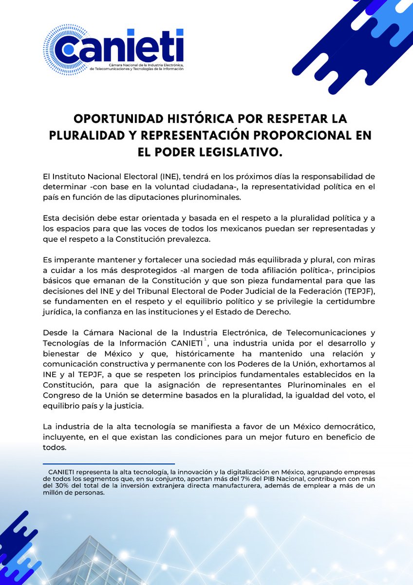 CANIETI's tweet photo. CANIETI alienta al @INEMexico y al @TEPJF_informa, a que se asignen a los representantes Plurinominales en el Congreso de la Unión basados en la pluralidad, la igualdad del voto, el equilibrio país y la justicia. https://t.co/SWoxBGx1PL