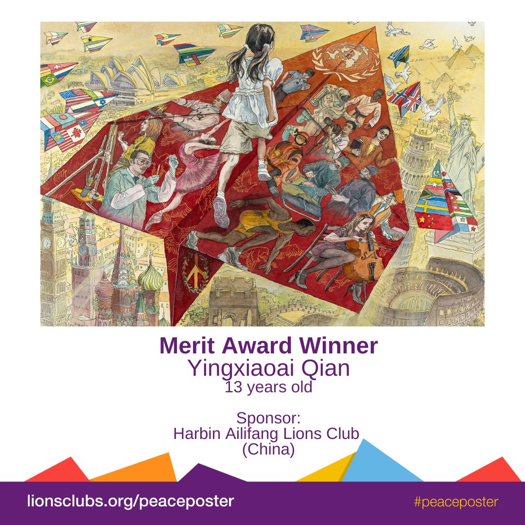 Yingxiaoai Qian, 13, is a 2023-24 Lions International #PeacePoster Merit Award Winner, sponsored by Harbin Ailifang Lions Club (China). Get involved with the Peace Poster Contest, and inspire children in your community: bit.ly/3vqD96k