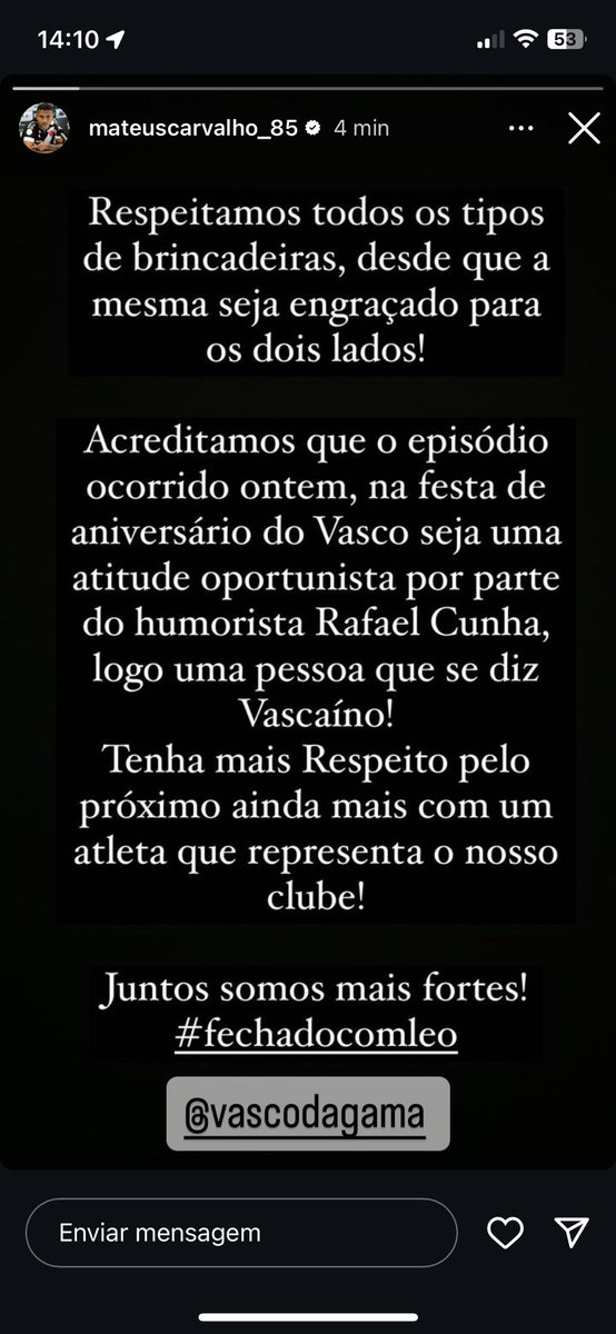 newscolina's tweet photo. Jogadores do Vasco se manifestam repudiando a piada com o zagueiro Léo. https://t.co/IqDl24ytIL