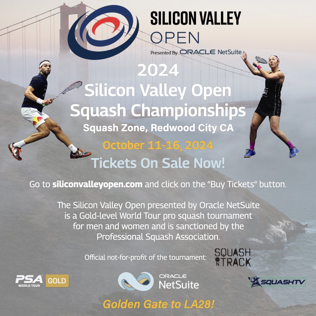 Announcing the Silicon Valley Open Squash Championships - The Golden Gate to <a href="/LA28/">LA28</a> New <a href="/PSASquashTour/">PSA Squash Tour</a> Gold event presented by Oracle Netsuite taking place in Redwood City, CA on the new all glass showcourt inside Squash Zone. October 11 - 16, 2024. Individual tickets are on sale