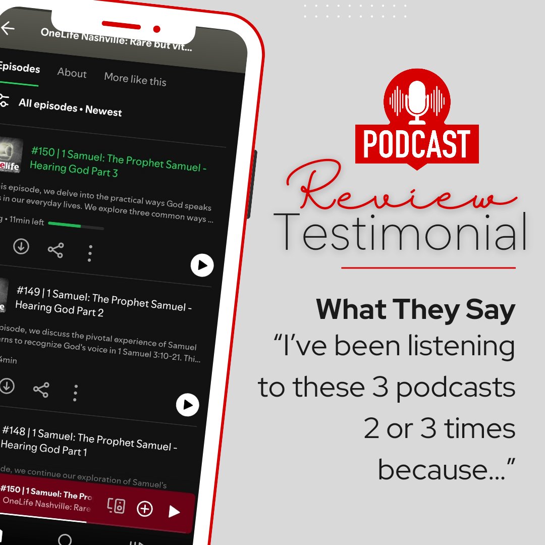 onelifenash's tweet photo. This is not the first time we've gotten feedback that someone listens to our podcasts multiple times! This time a listener was talking about # 148-150 : 1 Samuel, Hearing God.
Thank you to our listeners and the feedback you give!
#jesus #podcast #onelife #nashville #church https://t.co/8GgD2jRKgK