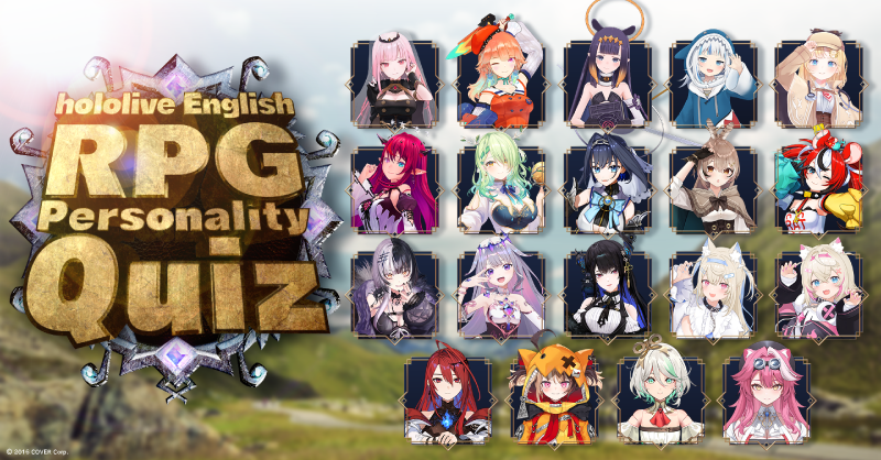 hololive_En's tweet photo. 📖 hololive English RPG Personality Quiz 📖

Who's YOUR adventure style match?

In celebration of #ENReco, take the hololive English RPG Personality Quiz to find out which of the 19 #hololiveEN members resembles you most! 

🔽Take the Quiz! 🔽
https://t.co/uxP7O9Beuw
