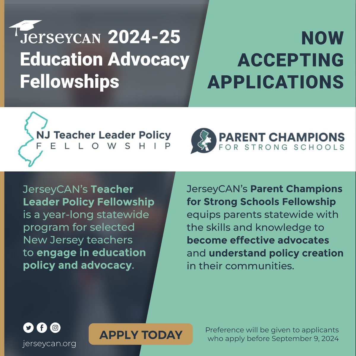 📢 Applications are open for JerseyCAN's NJ Teacher Leader Policy &amp; Parent Champions for Strong Schools Fellowships! 🌟 Empowering NJ teachers &amp; parents as education advocates. Apply by Sept. 9, 2024, for priority consideration. 🔗 Learn more: bit.ly/3XdlkFY #JerseyCAN