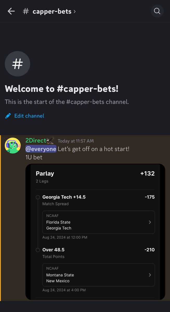 direct_bet's tweet photo. 🏈🏈CFB🏈🏈

Let’s get off to a 🔥 start! 

#Georgiatech keeps it close vs #FSU 
#Montanastate goes off and #NewMexico scores enough to help! 

1U #FreeBet 
GT + 14.5
MSU vs NM Total O 48.5
+132 odds
@ESPNBET 
#CollegeFootball #Week0 #Sports #Bet #Discord #DirectBets https://t.co/czdUnmlAe7