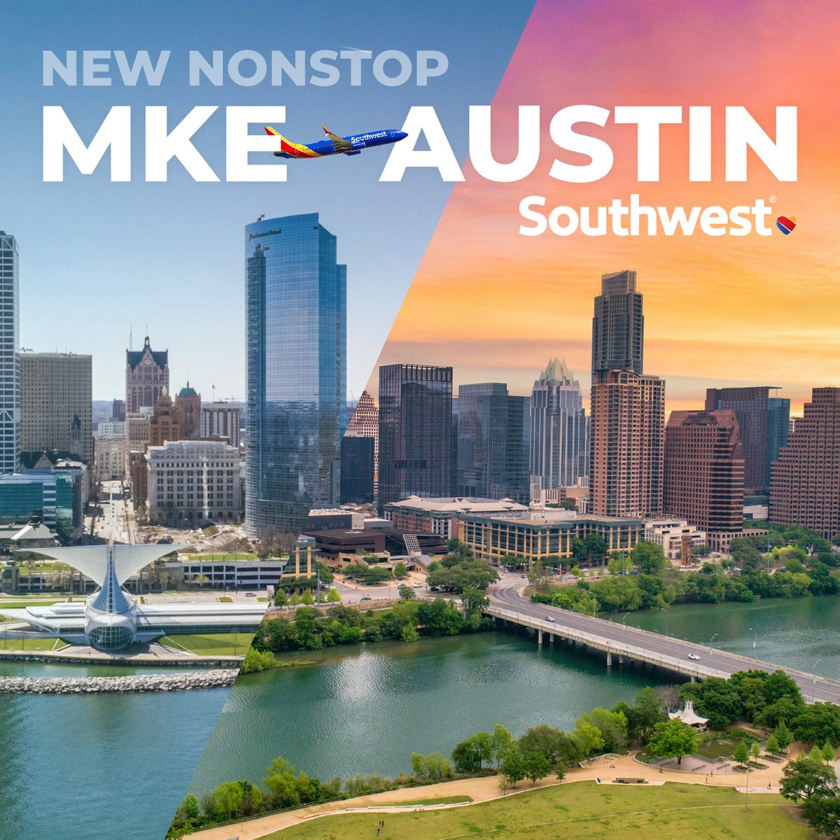 MKE - Milwaukee Airport (@mitchellairport) on Twitter photo Have you heard the AUSome news? <a href="/SouthwestAir/">Southwest Airlines</a> has added nonstop service between MKE and @AUStinAirport in Austin, Texas! 🤠 Daily flights begin March 6 and are available to book now at southwest.com ✈️ Have you heard the AUSome news? <a href="/SouthwestAir/">Southwest Airlines</a> has added nonstop service between MKE and @AUStinAirport in Austin, Texas! 🤠 Daily flights begin March 6 and are available to book now at southwest.com ✈️