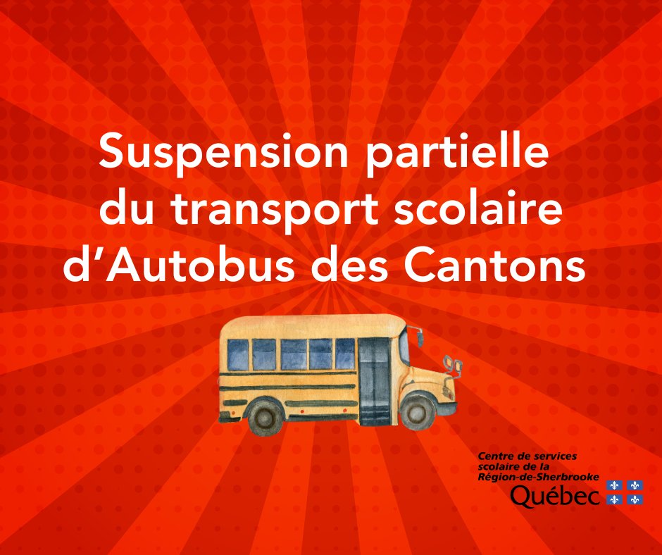 CSSsherbrooke's tweet image. Suspension du transport scolaire pour les autobus du transporteur Autobus des Cantons dès le 27 août. Pour en savoir plus et connaître les circuits touchés : bit.ly/4fXVHjO