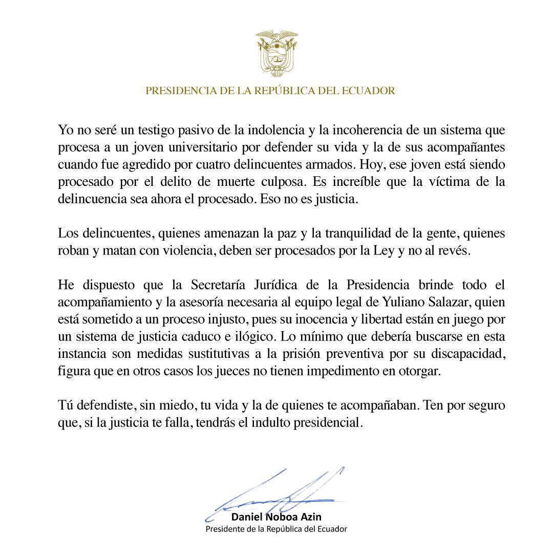 DanielNoboaOk's tweet image. No seré un testigo pasivo de la indolencia y la incoherencia de un sistema que procesa a un joven universitario por defender su vida y la de sus acompañantes cuando fue agredido por cuatro delincuentes armados.