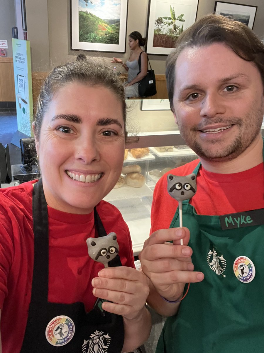 The start of another #redforbread weekend! Stop in to show your support for <a href="/SBWorkersUnited/">Starbucks Workers United</a> and grab a Rascal the raccoon cake pop!